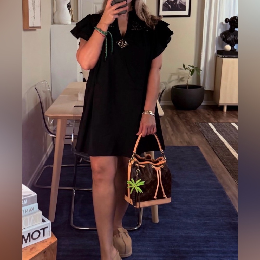 H&M FLUTTER EYELET SHORT BLACK DRESS